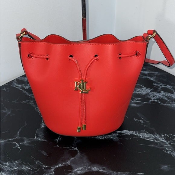 LAUREN RALPH LAUREN Andie Medium Leather Red Drawstring Bag AUTHENTIC - Picture 7 of 11